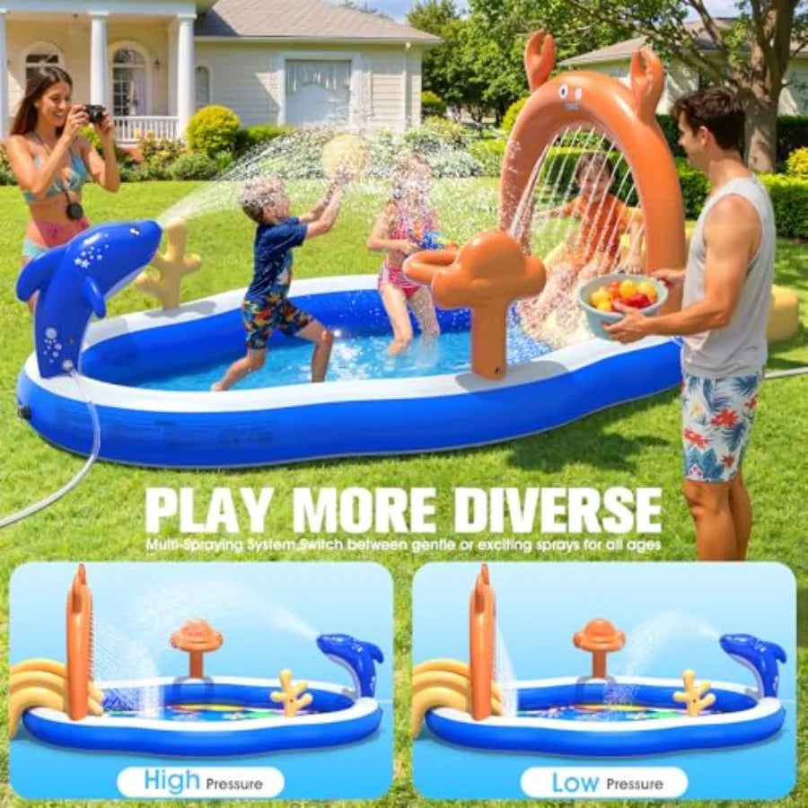 2026 Large Inflatable Play Center for outdoor water fun, PVC material, blue and yellow, includes water slide sprinkler, 120''x7