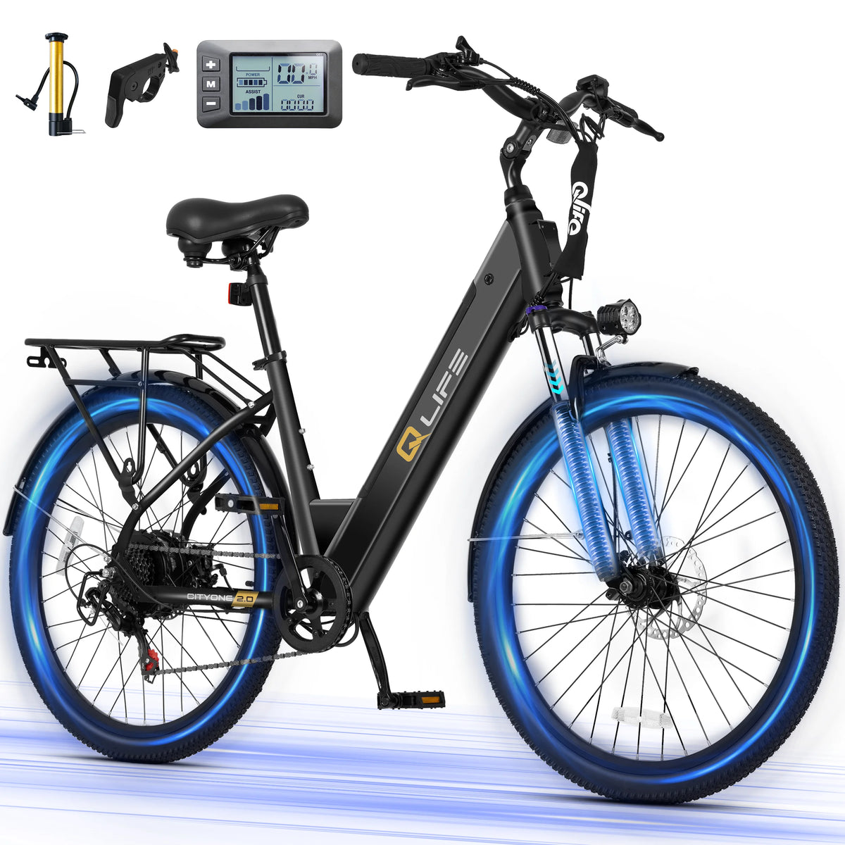 Qlife Cityone 2.0 26" Electric Bike for Adults, 1200W Peak Motor 48V 10.4Ah Battery, 28MPH 55 Miles, 7-Speed Electric Bicycle with Front Suspension