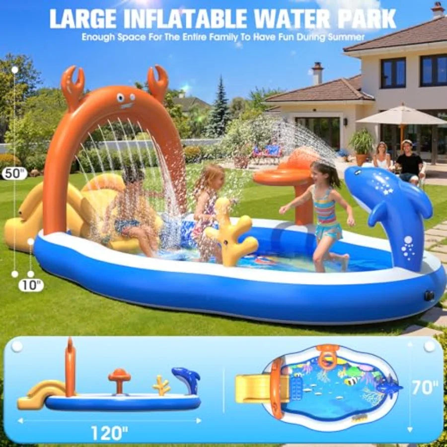 2026 Large Inflatable Play Center for outdoor water fun, PVC material, blue and yellow, includes water slide sprinkler, 120''x7