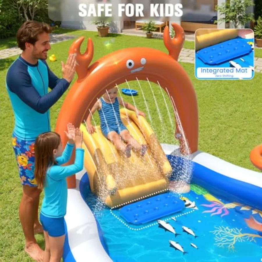2026 Large Inflatable Play Center for outdoor water fun, PVC material, blue and yellow, includes water slide sprinkler, 120''x7