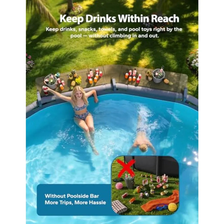 Poolside Bar Extended for Above-Ground Round Pools: Brown Weather-Resistant Foldable Swim-Up Table with Stable Tabletop and Eas