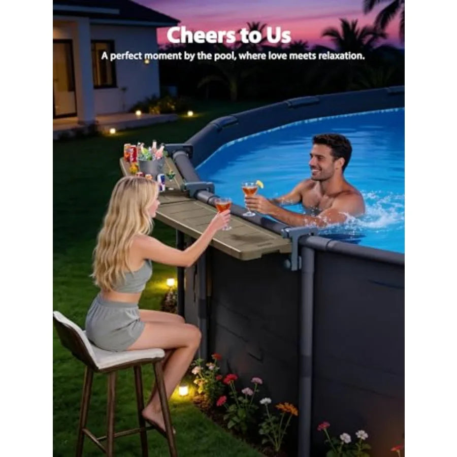Poolside Bar Extended for Above-Ground Round Pools: Brown Weather-Resistant Foldable Swim-Up Table with Stable Tabletop and Eas