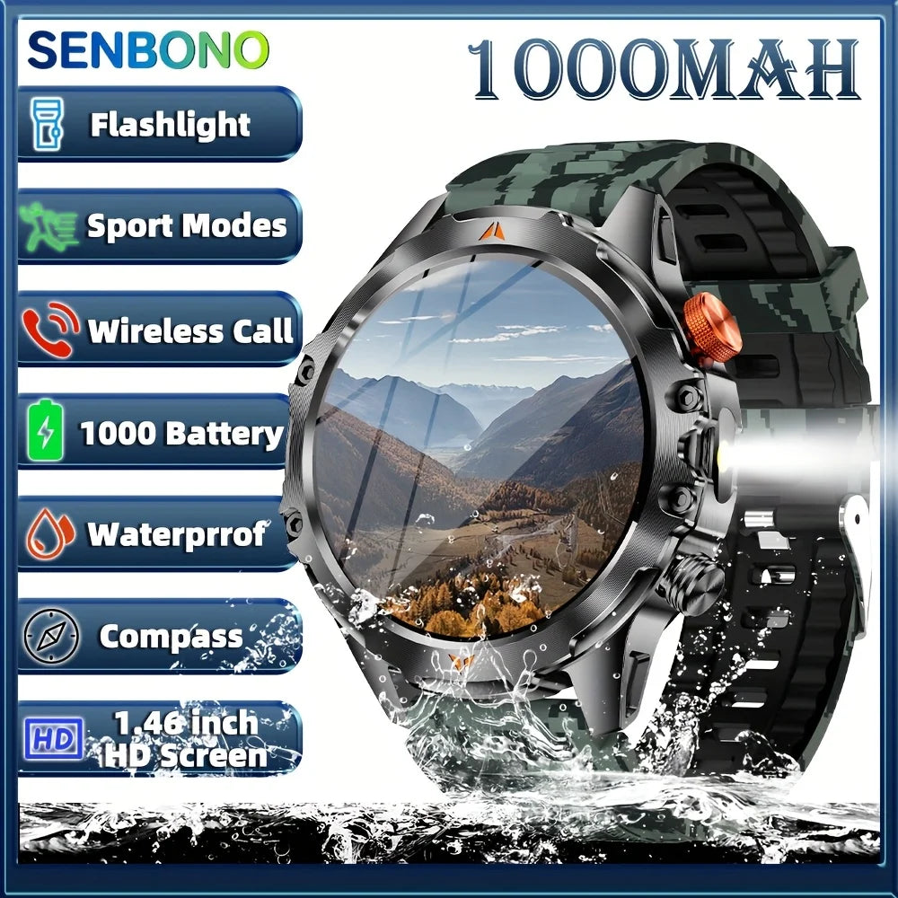 SENBONO AMOLED Smart Watch for Men 1100mAh Battery 25+Day Use Time Compass IP68 Waterproof Sport Men‘s Smartwatch for Men Women