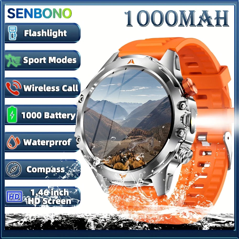 SENBONO AMOLED Smart Watch for Men 1100mAh Battery 25+Day Use Time Compass IP68 Waterproof Sport Men‘s Smartwatch for Men Women