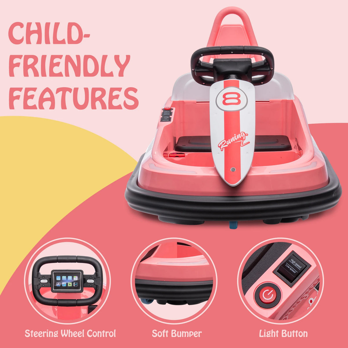 Bumper Car for Toddlers 6V Electric Ride On Toys for Kids 1.9 MPH Max Speed Steering Wheel 360 Degree Spin 2-Speeds Lights Music