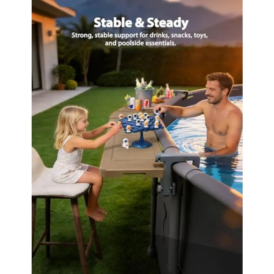 Poolside Bar Extended for Above-Ground Round Pools: Brown Weather-Resistant Foldable Swim-Up Table with Stable Tabletop and Eas