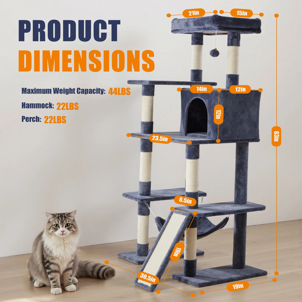 JHK Multilevel Cat Tree With Sisal Scratching Posts And Lounge
