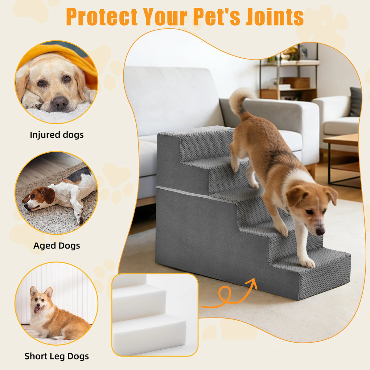 JHK Angled Foam Dog Stairs For Small Dogs Non Slip