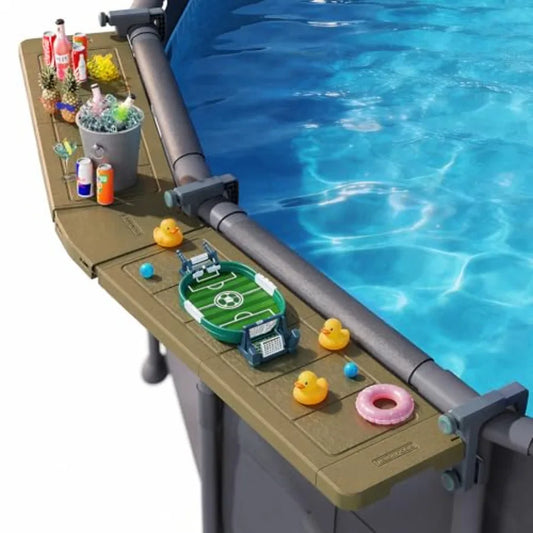 Poolside Bar Extended for Above-Ground Round Pools: Brown Weather-Resistant Foldable Swim-Up Table with Stable Tabletop and Eas
