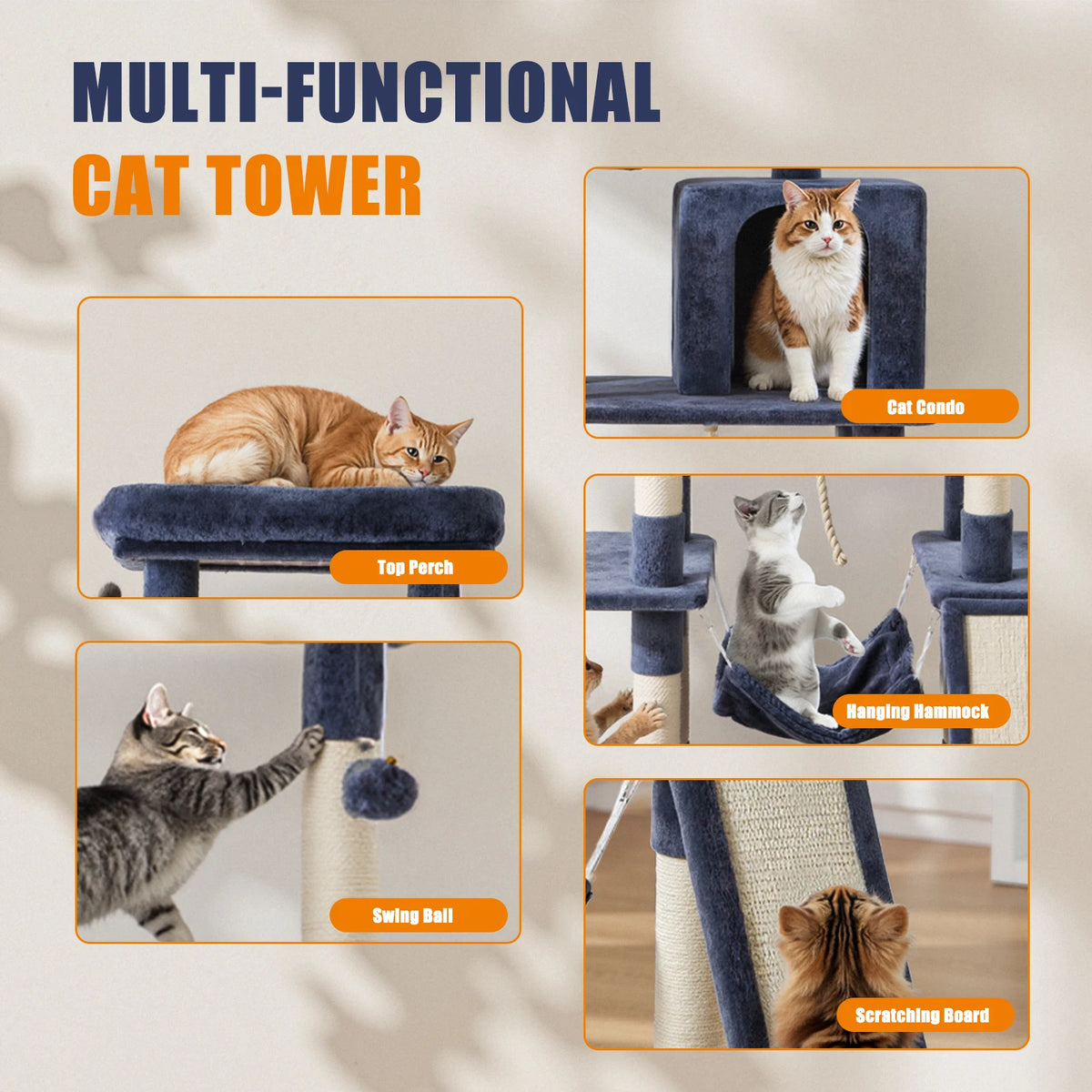 JHK Multilevel Cat Tree With Sisal Scratching Posts And Lounge
