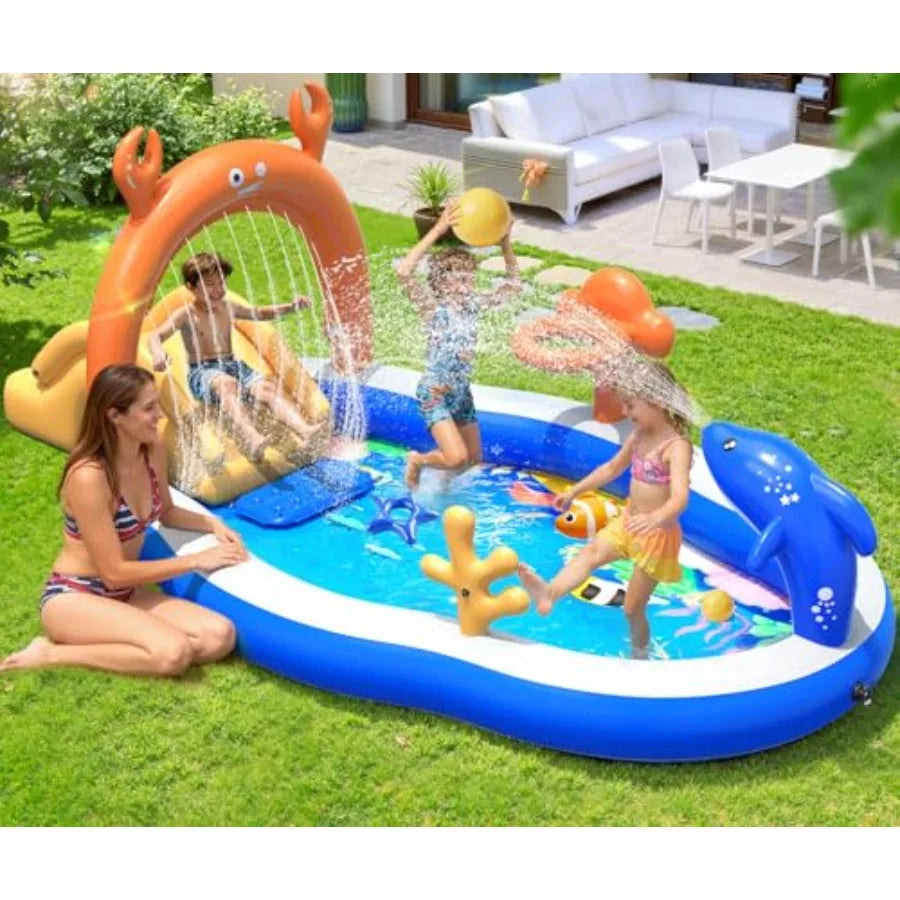 2026 Large Inflatable Play Center for outdoor water fun, PVC material, blue and yellow, includes water slide sprinkler, 120''x7