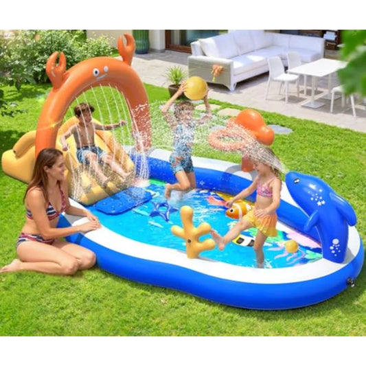2026 Large Inflatable Play Center for outdoor water fun, PVC material, blue and yellow, includes water slide sprinkler, 120''x7