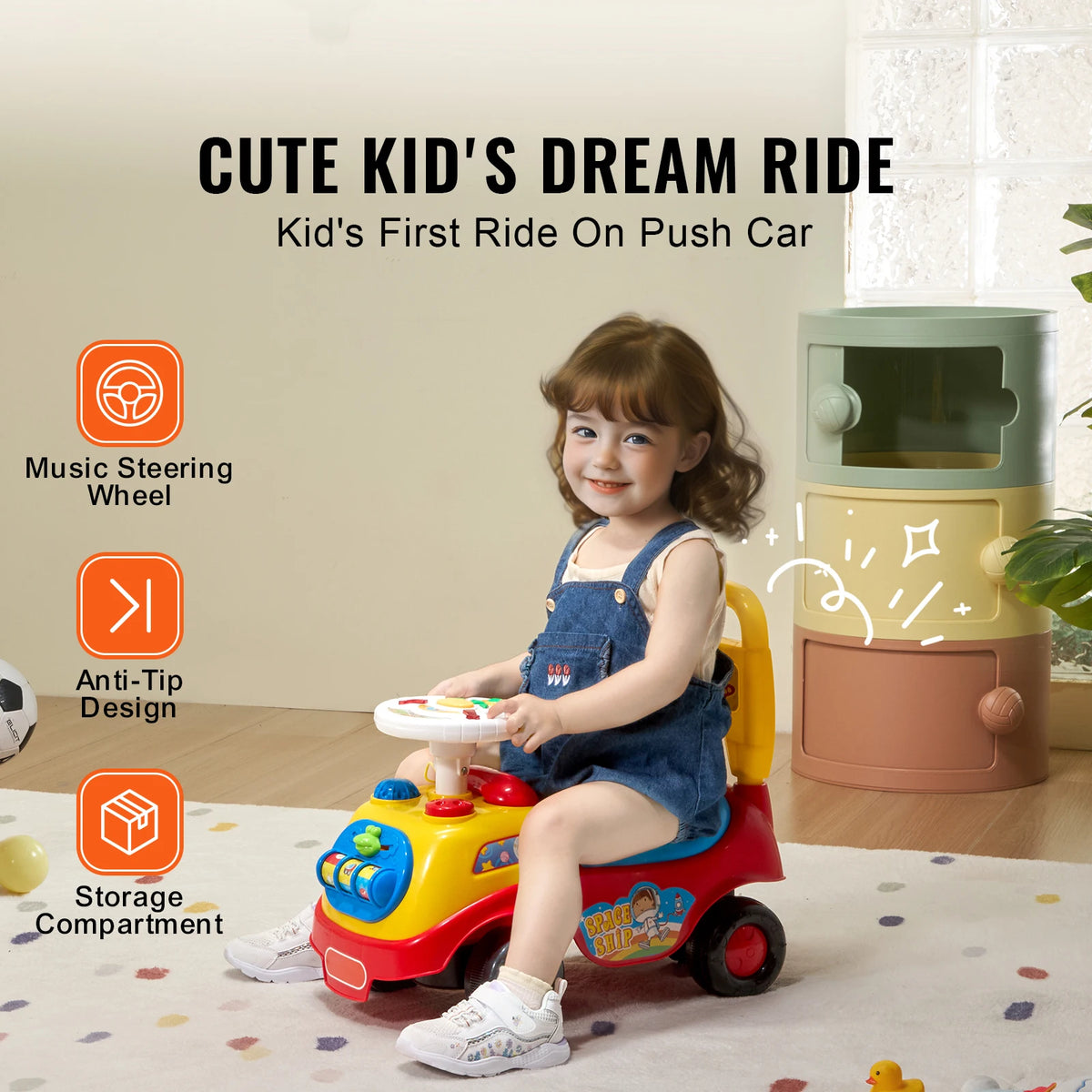 SucceBuy Toddler Ride On Push Car Sit to Stand Kids Ride On Toy Car with Music Steering Wheel Seat Storage for Toddlers
