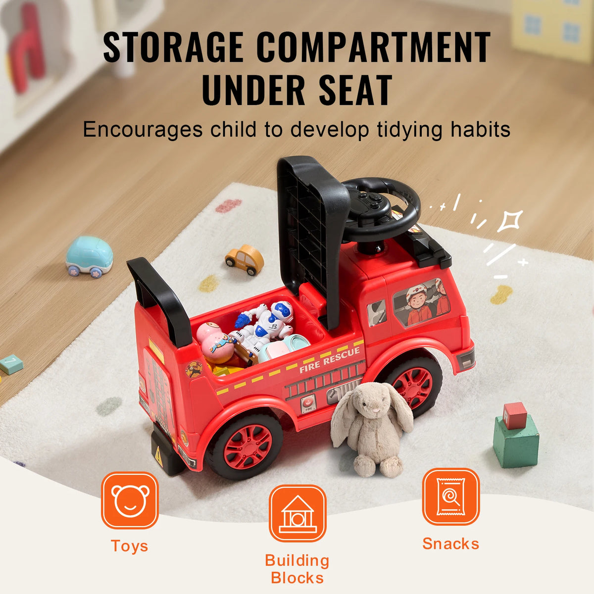 SucceBuy Childrens Ride On Push Car With Music And Storage