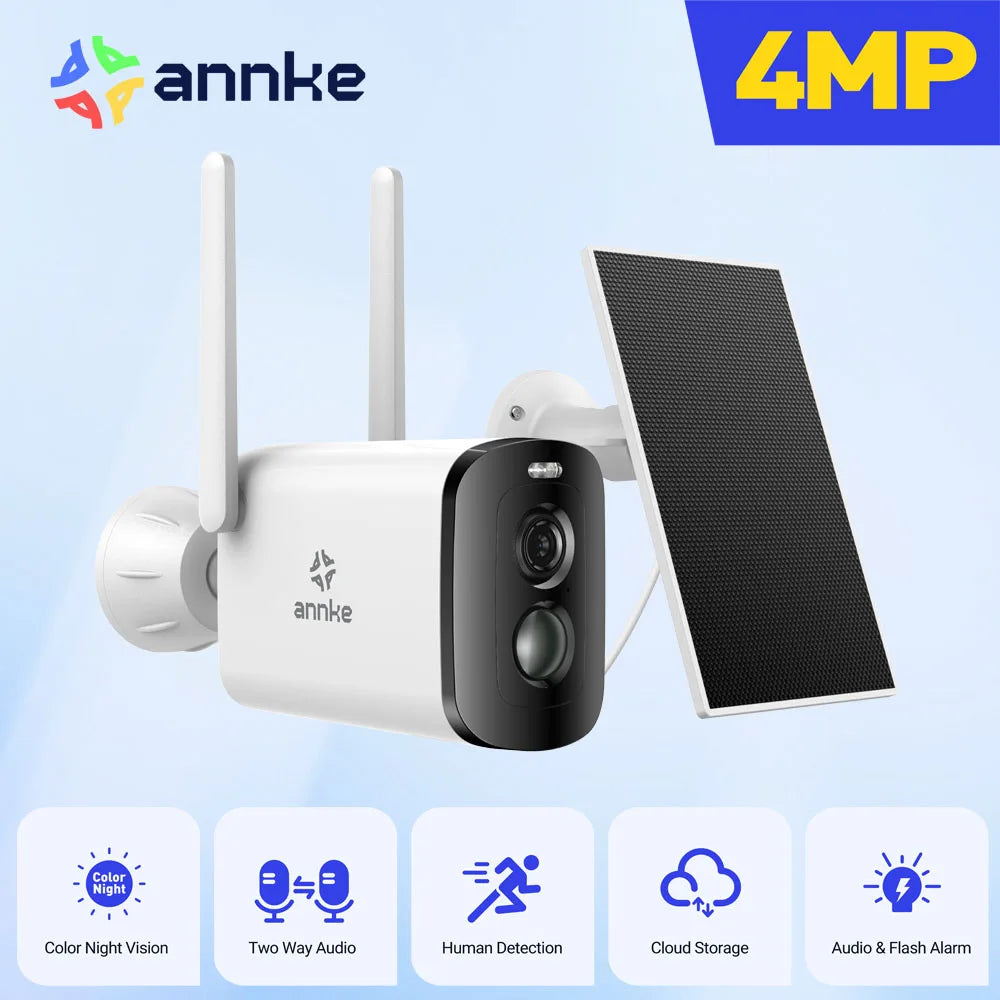 ANNKE 4MP Solar Battery Powered Wireless Security Camera PIR Motion Sensor 2.4Ghz WiFi Two-way Audio Motion Outdoor IP Camera