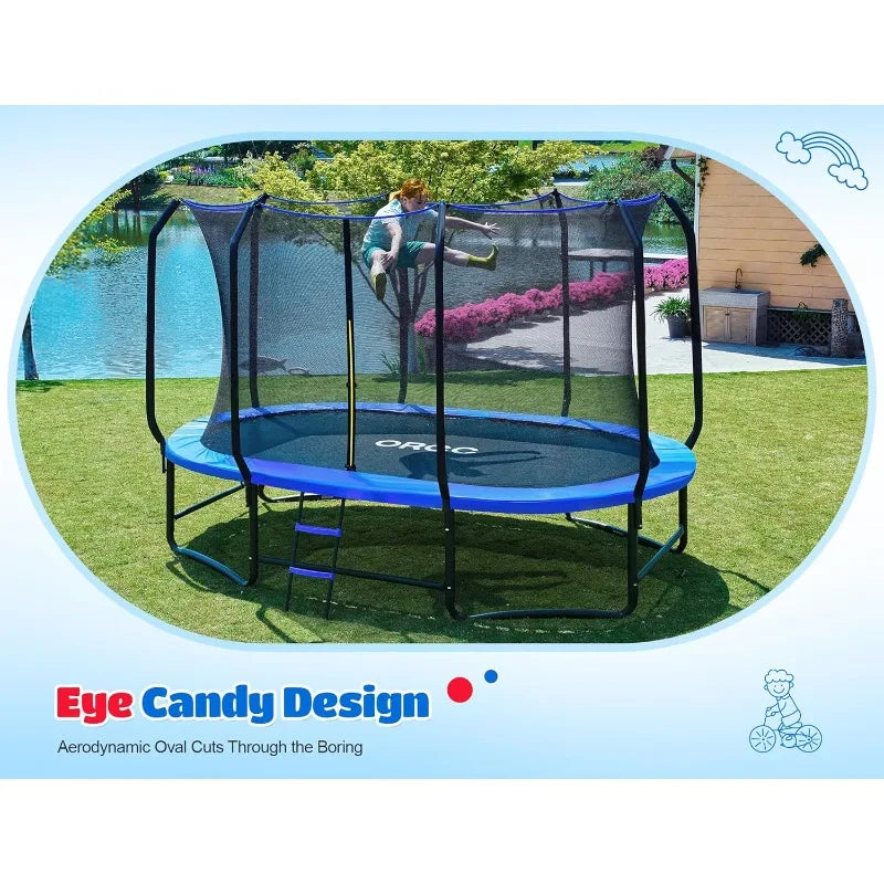 ORCC Oval Outdoor Trampoline with Safety Net - Recreational Gymnastics Trampoline for Kids, Heavy-Duty Galvanized Steel Frame