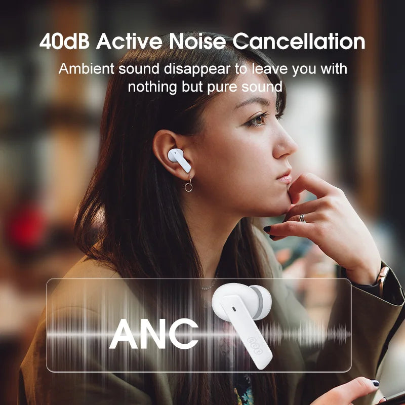 QCY HT05 ANC Wireless TWS Bluetooth 5.2 Earphones 40dB Active Noise Cancellation Headset in-Ear Mics Handfree Phone Earbuds