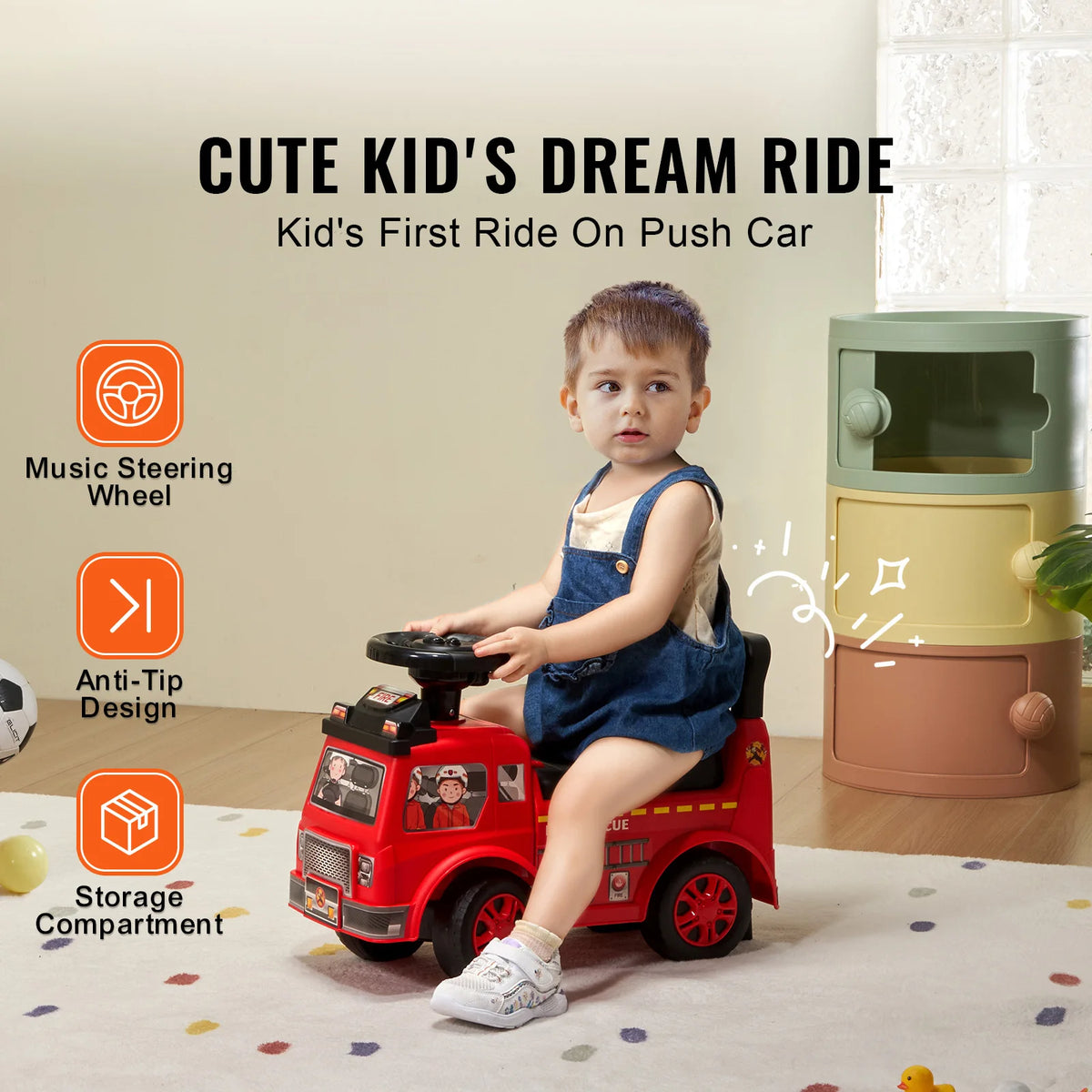 SucceBuy Ride On Push Car Kids Ride On Car with Music Steering Wheel & Under Seat Storage for Toddlers Ages 3-12 Ride Racer