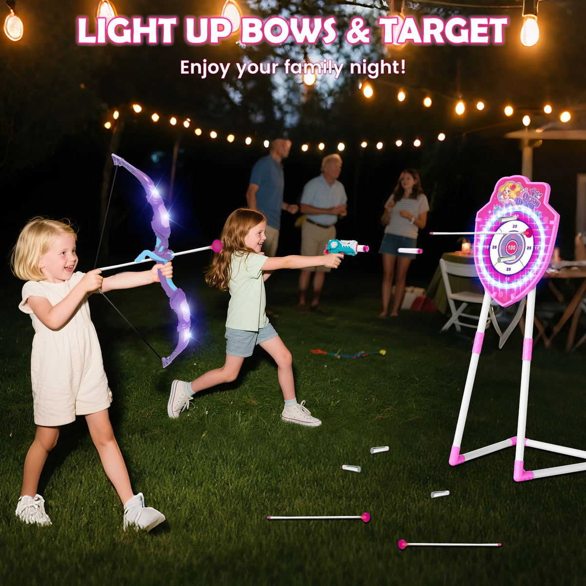 VATOS Night-Light Bow Arrow Guns Toy For Girls Archery Stand Target Board Indoor Outdoor Game Toys Kids Christmas Birthday Gift