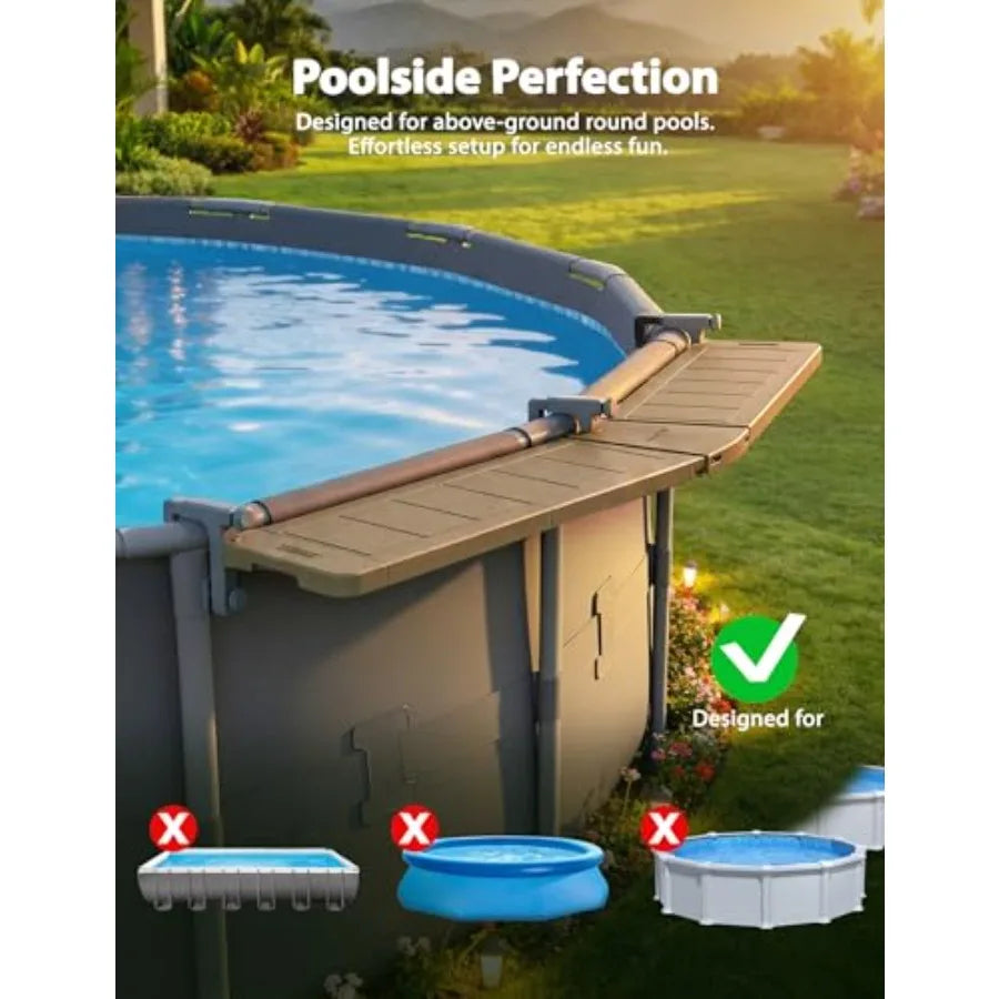 Poolside Bar Extended for Above-Ground Round Pools: Brown Weather-Resistant Foldable Swim-Up Table with Stable Tabletop and Eas