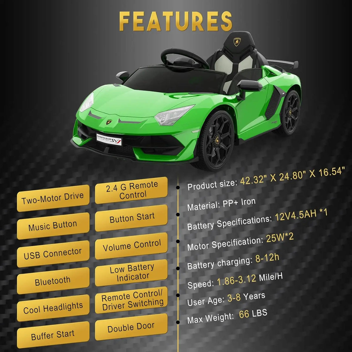 Kids Electric Car 12v Ride on Toys with Parent Remote 2-Speed Modes Engine Sounds & LED Lights Auto Doors for Boys & Girls