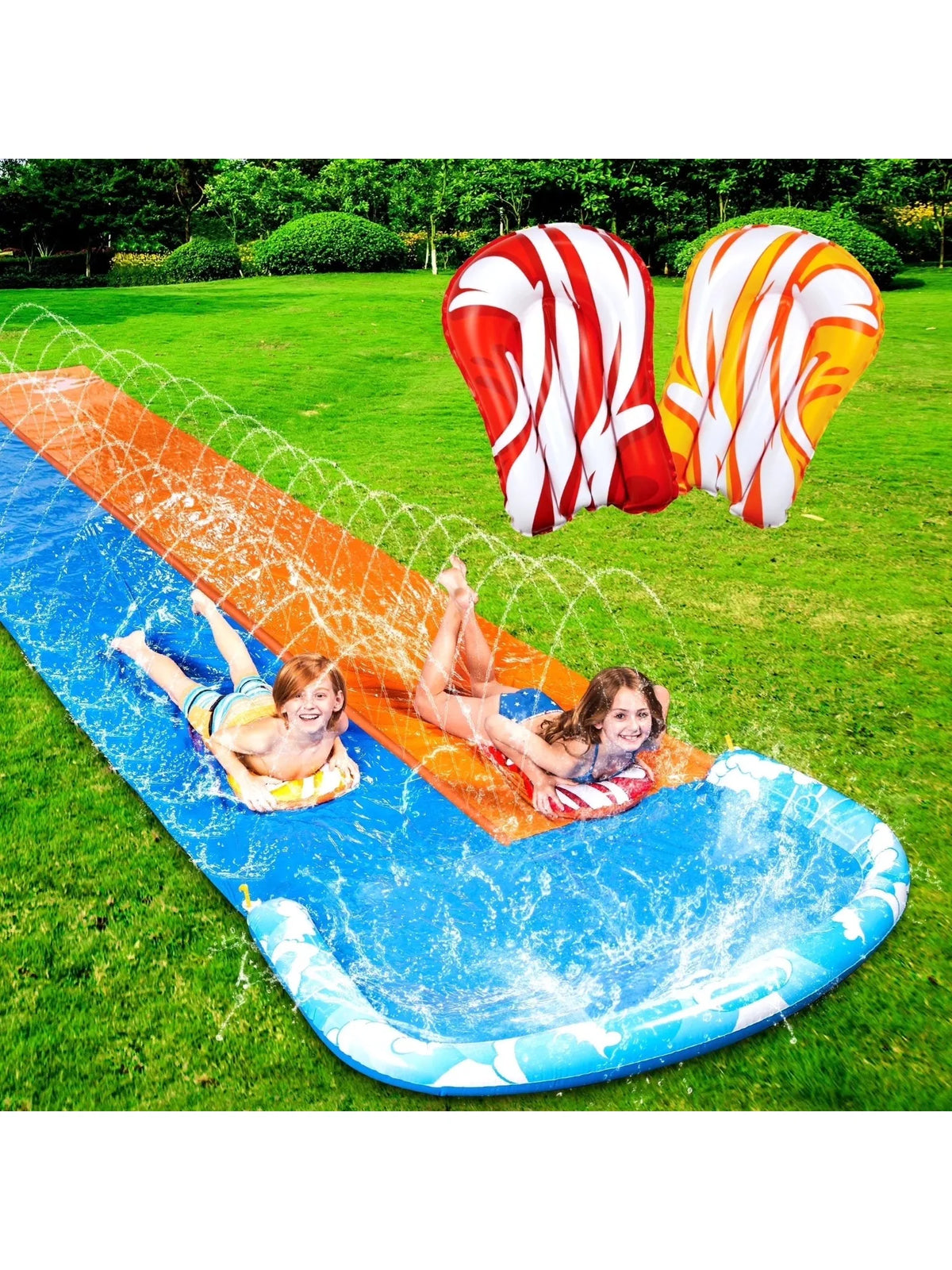 JOYFY 22.5ft Water Slides and 2 Bodyboards Lawn Backyard Waterslides Water Toy with Build Sprinkler for Kids Outdoor Water Fun