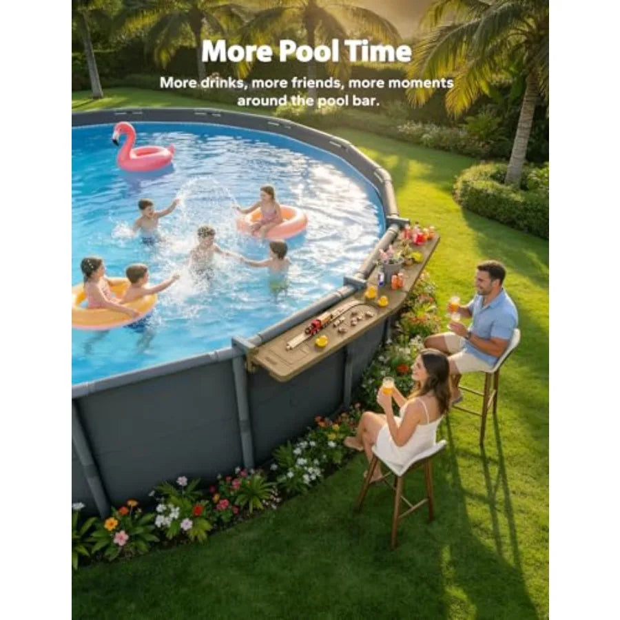 Poolside Bar Extended for Above-Ground Round Pools: Brown Weather-Resistant Foldable Swim-Up Table with Stable Tabletop and Eas