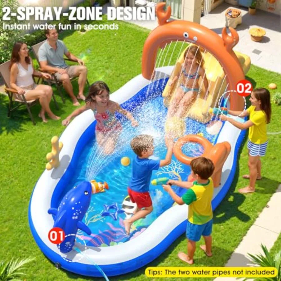 2026 Large Inflatable Play Center for outdoor water fun, PVC material, blue and yellow, includes water slide sprinkler, 120''x7